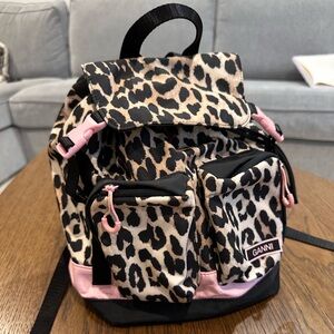 Ganni Leopard Print Backpack with Pink and Black Details